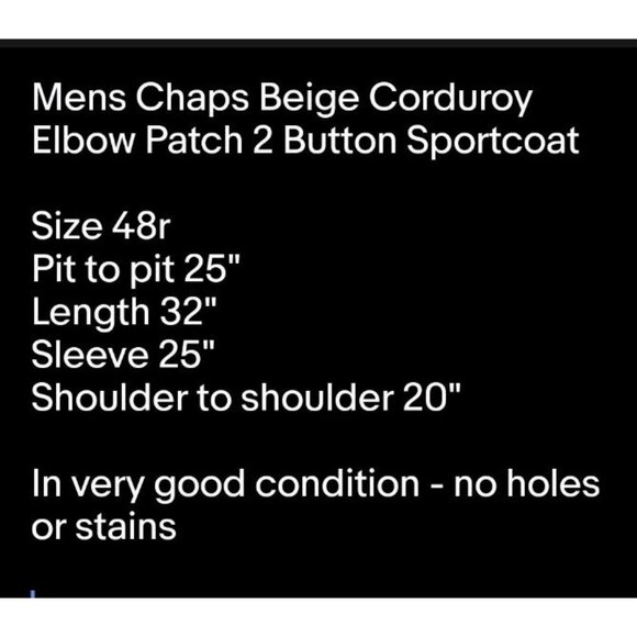 Mens Chaps Beige Corduroy Elbow Patch 2 Button Sportcoat Blazer Sz 48r - Picture 9 of 9